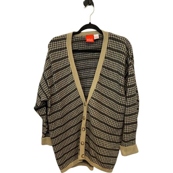 Liz Co Cardigan Sweater Beige Houndstooth Womens Size L Cotton Long Sleeve‎ - Picture 1 of 7
